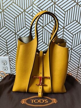 TOD'S Mustard Yellow Pebbled Small Leather Tote with Signature T Buckle